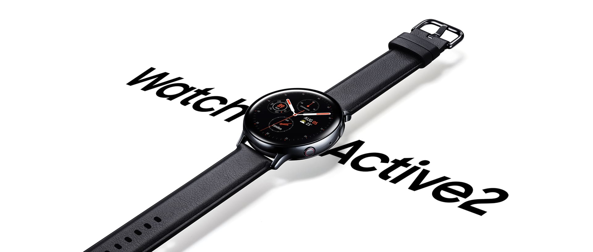 A stainless black Galaxy Watch Active2 with black leather strap that hangs over the words 'Watch Active 2' in large font below.